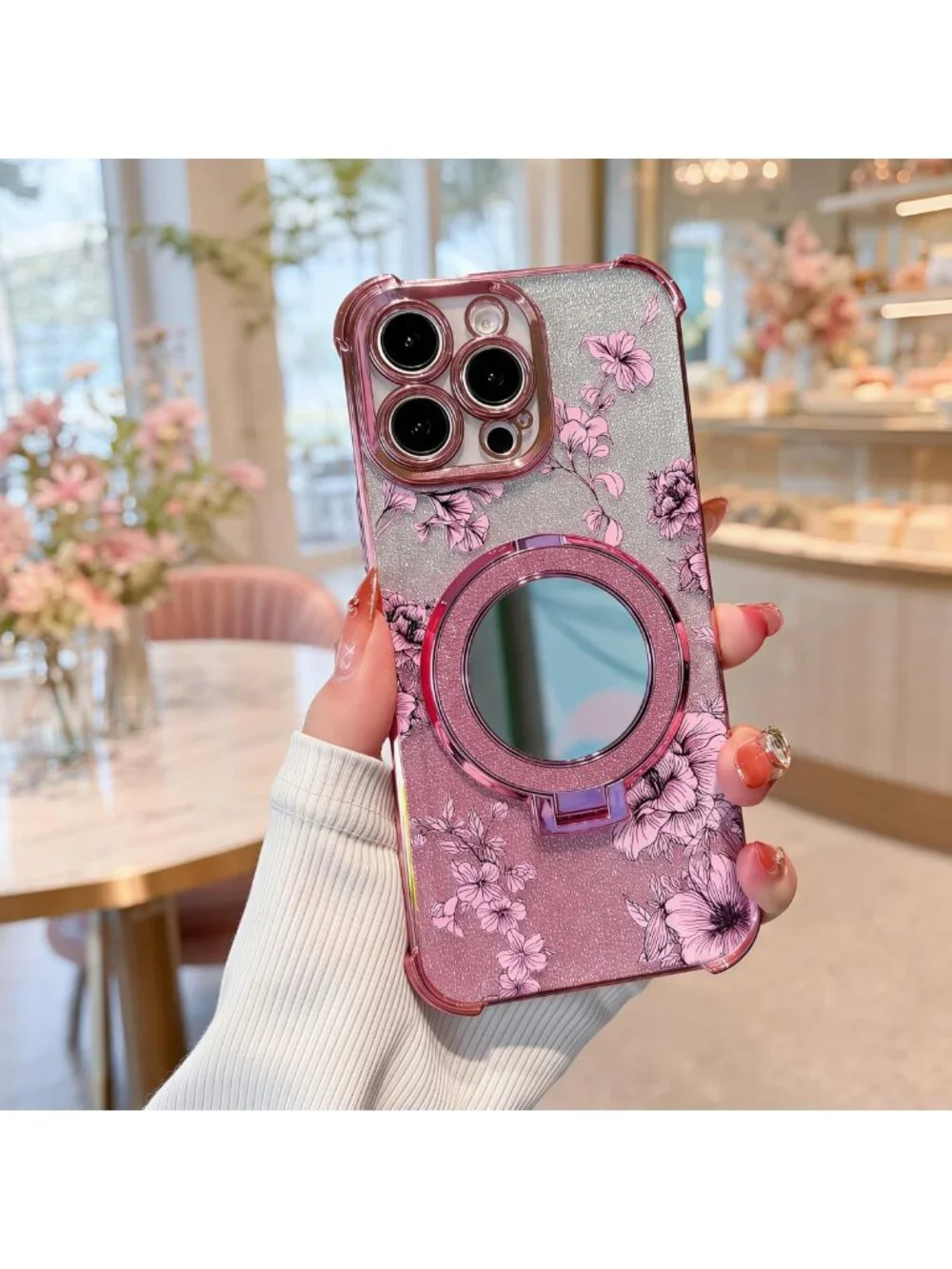 Luxury Glitter Bling Floral iPhone 12 Pro Max Case with Diamond Kickstand